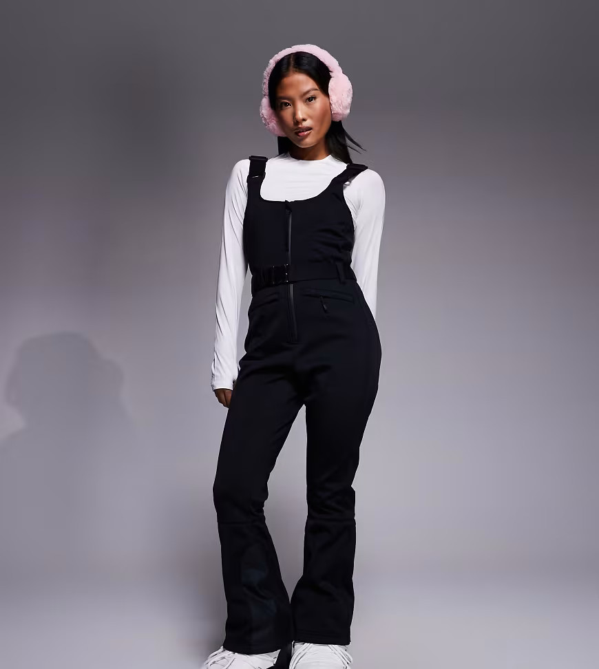 ASOS 4505 Ski Petite soft shell belted water repellent bib salopettes in black | ASOS (Global)