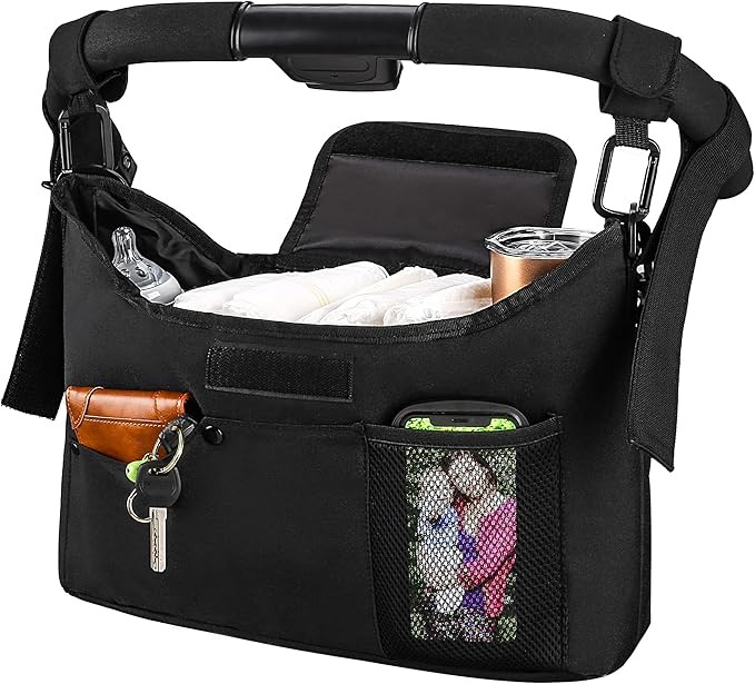 Universal Stroller Organizer with Double Cup Holder， Double Hanging Hooks & Shoulder Strap, Fit... | Amazon (US)