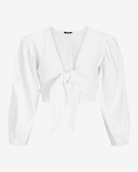 Linen-Blend Tie Front Top | Express