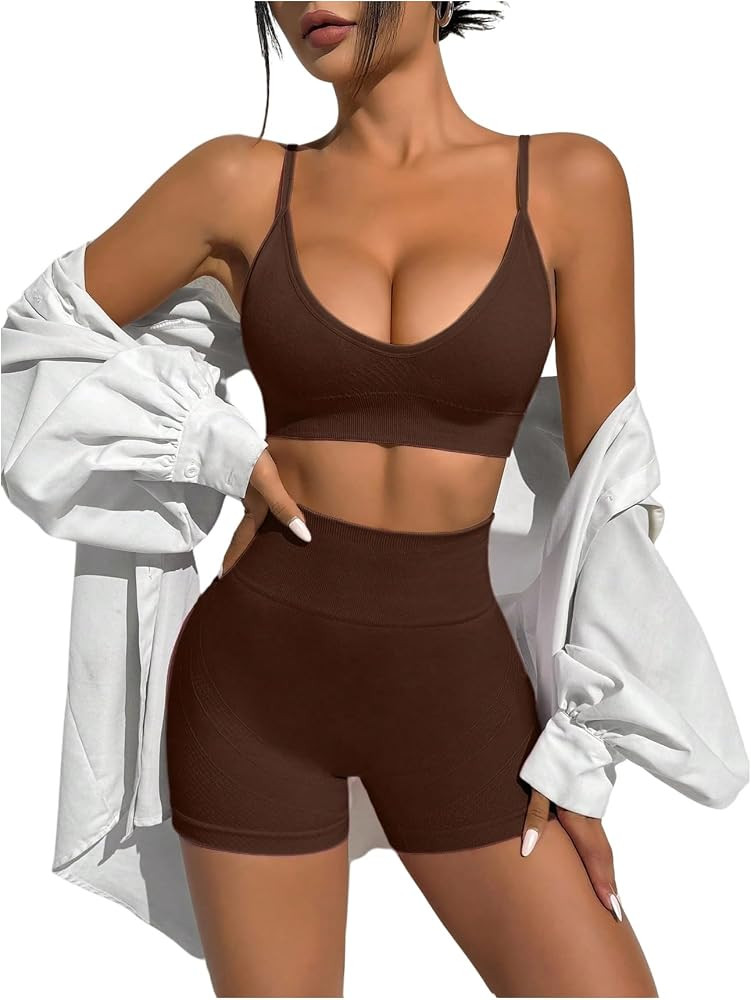 SweatyRocks Women's 2 Piece Yoga Gym Outfits Crop Cami Butt Lifting Biker Shorts Seamless Workout... | Amazon (US)