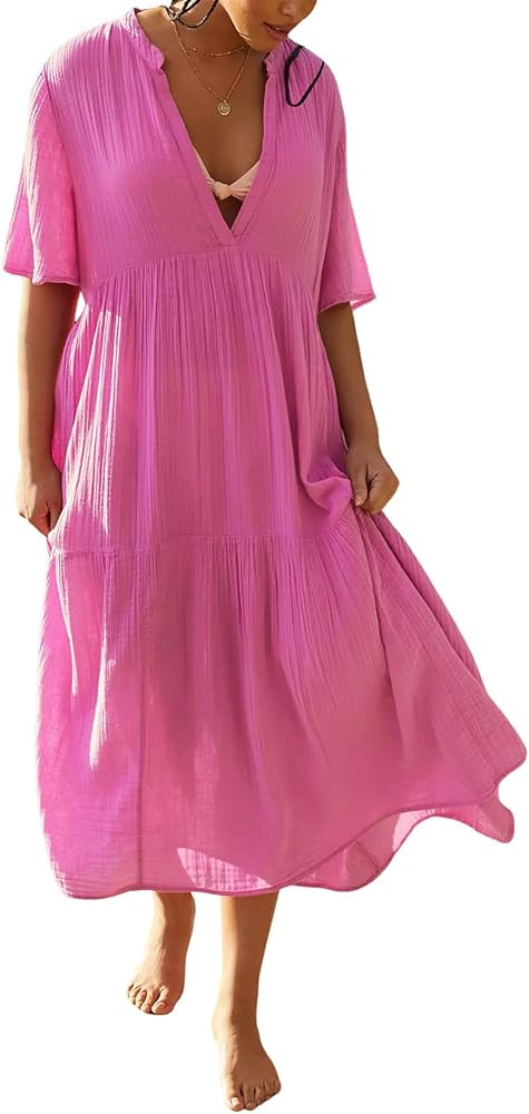 R.Vivimos Womens Summer Cotton Flowy Maxi Dress Short Sleeve V Neck Empire Waist Boho Tiered Ruff... | Amazon (US)