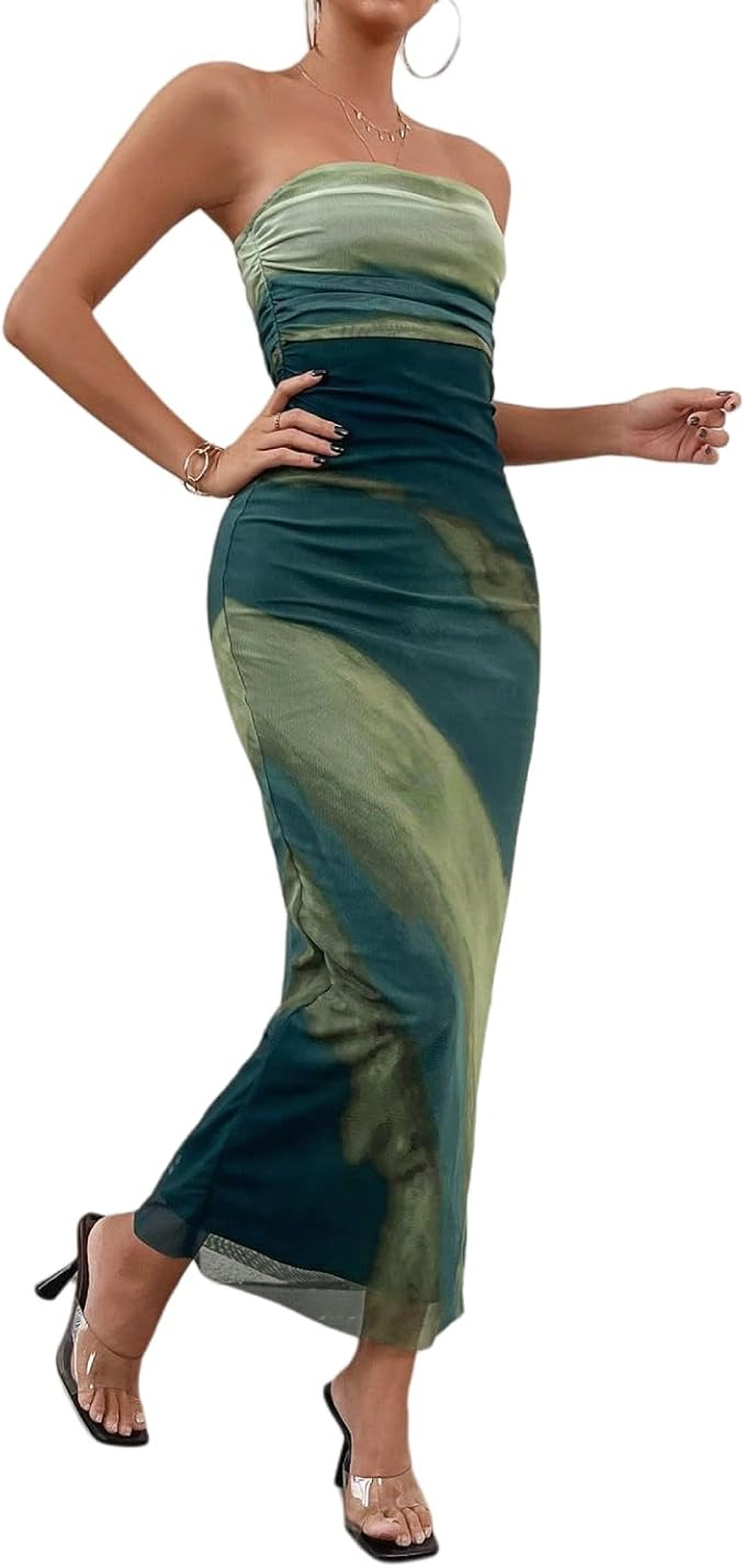 LIGHT DOT Women's Summer Maxi Dress Tie Dye Strapless Tube Bodycon Side Slit Mesh Layered | Amazon (US)