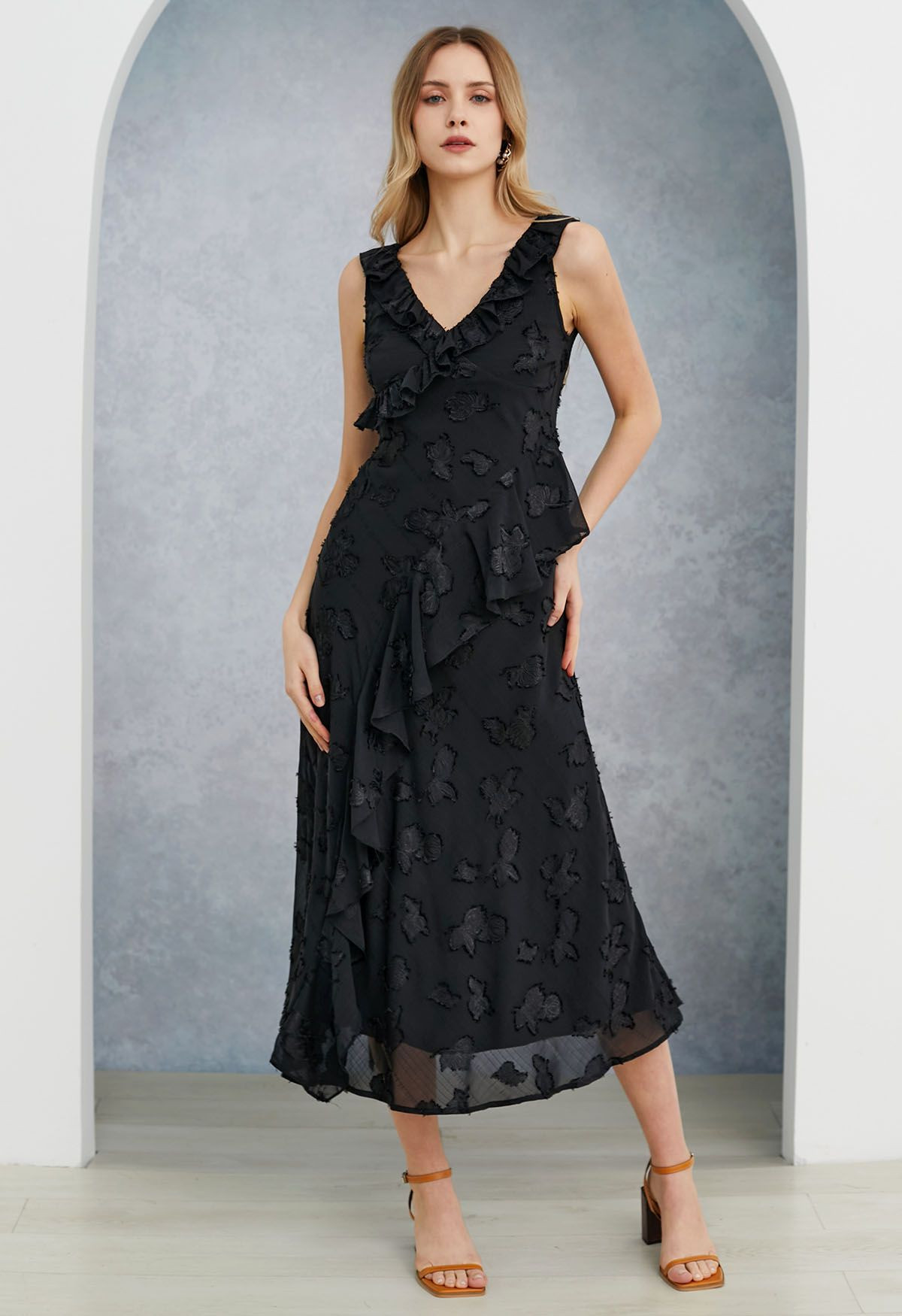 Burnout Rose Ruffle Edge V-Neck Midi Dress in Black | Chicwish