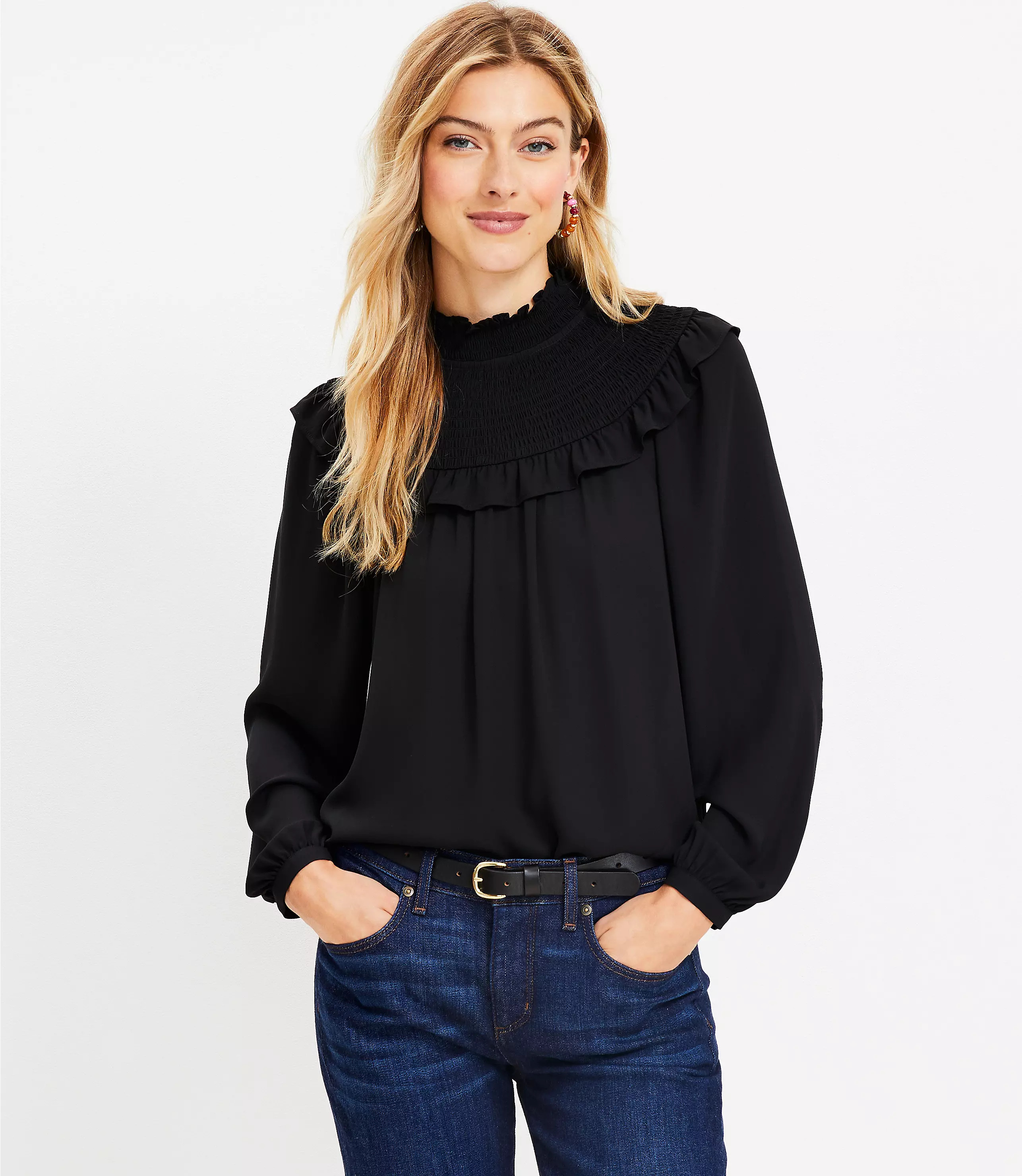 Ruffle Smocked Yoke Blouse | LOFT
