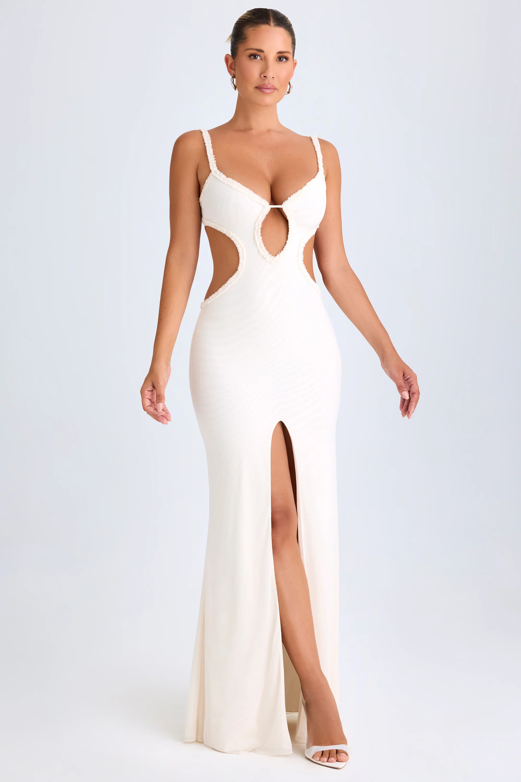Ruffle-Appliqué Cut-Out Maxi Dress in White | Oh Polly