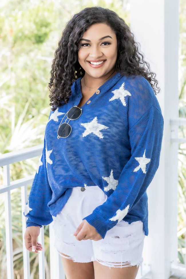 Memorable Magic Blue Star Print Hooded Henley Sweater | Pink Lily