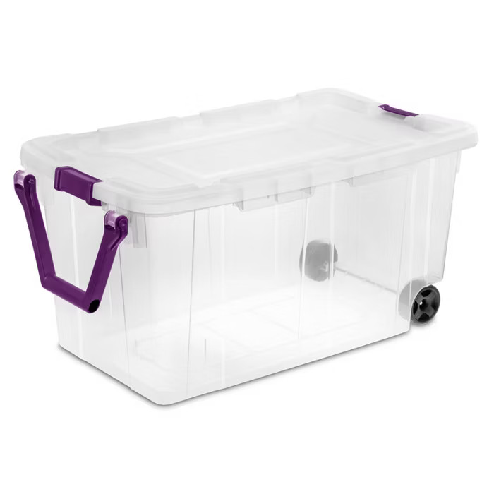 40gal Wheeled Latch Box with Wheels And Handle Tote - Clear/Purple | Target
