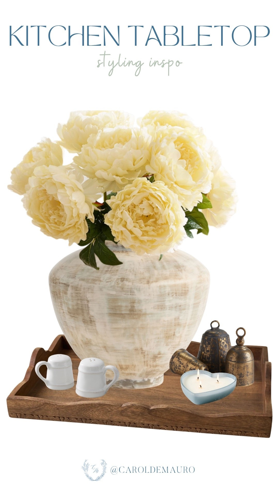 Style your kitchen with a distressed ceramic vase and lush faux peonies set upon a simple wooden tray! Absolutely love how the addition of a heart-shaped candle and vintage-inspired bells brings a warm and inviting vibe to your tabletop.

countertop inspo, kitchen makeover, home styling, decor tips, furniture finds, neutral style, flower arrangement, faux florals

#LTKSeasonal #LTKU #LTKHome