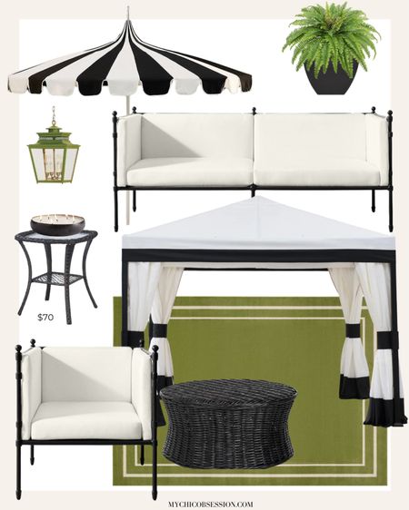 Chic and statement making outdoor furniture set up. With a black and white umbrella, canopy tent, green outdoor rug, wicker side table, black and cream furniture, and more, this set up is classic yet bold!

#LTKSeasonal #LTKHome