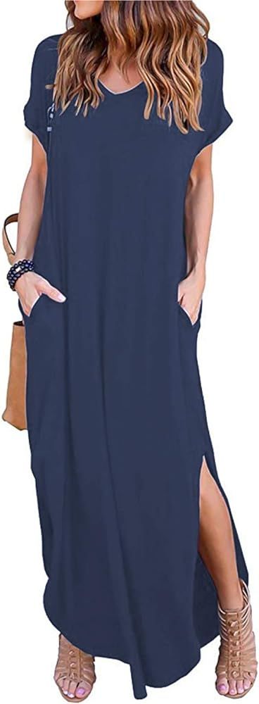 Arolina Women's Summer Maxi Dress Short Sleeve V Neck Casual Loose Long Beach Split Dresses with Poc | Amazon (US)