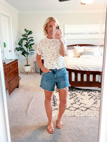 • floral crocheted top - size small. 
• Jean shorts - size 28 - I recommend sizing up one from your normal size (this is from last year, so I  need a size 27, as my normal size is a 26).
• sandals - tts  

#LTKover40 #LTKfindsunder100 #LTKSeasonal