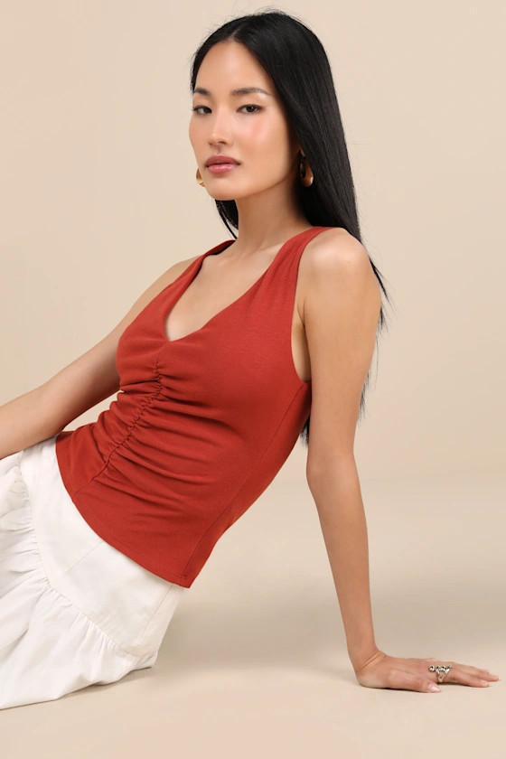 Kosta Rust Red Ruched Jersey Knit Tank Top | Lulus