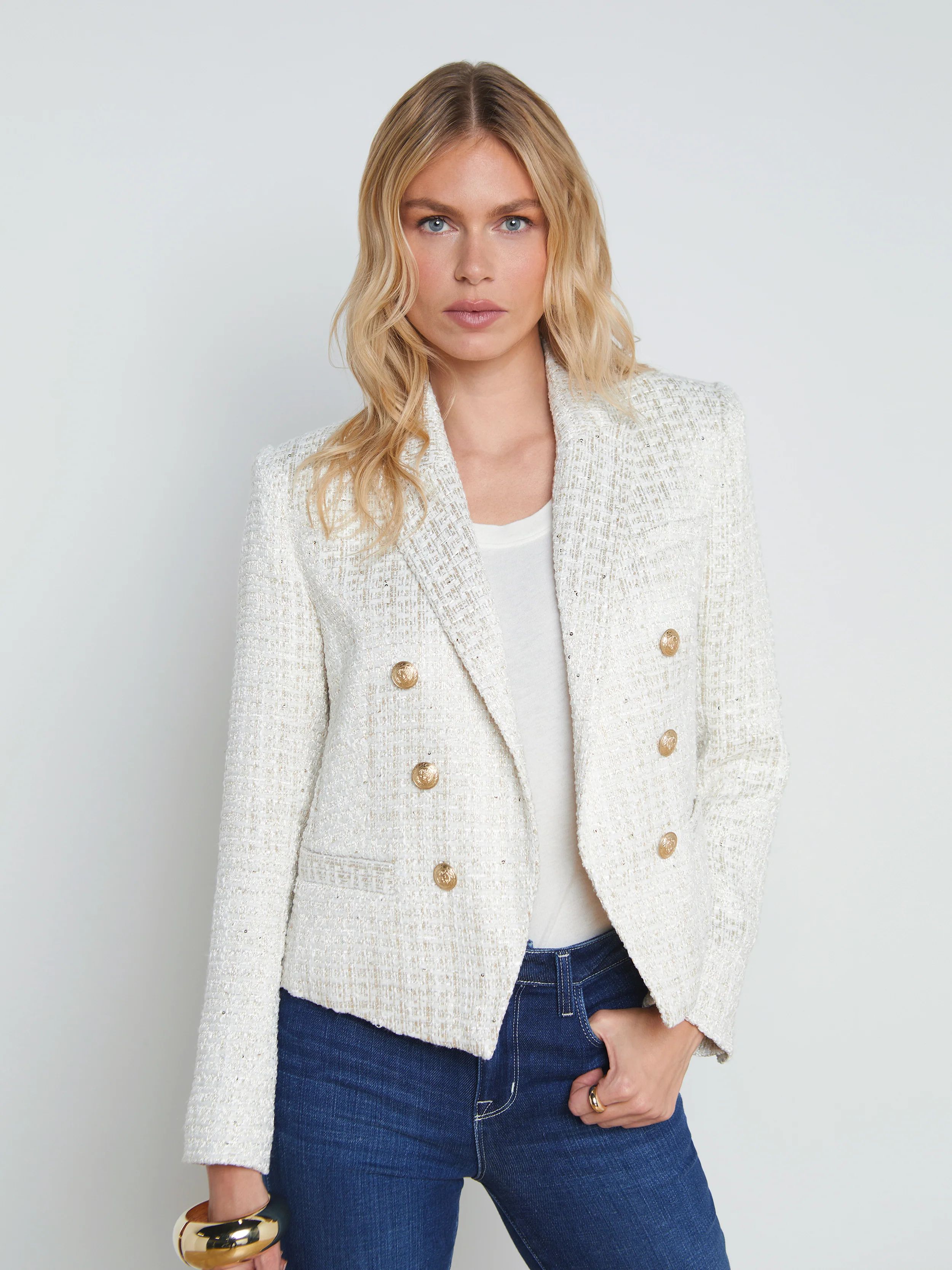 L'AGENCE - Brooke Open-Front Tweed Blazer in Ivory | L'Agence