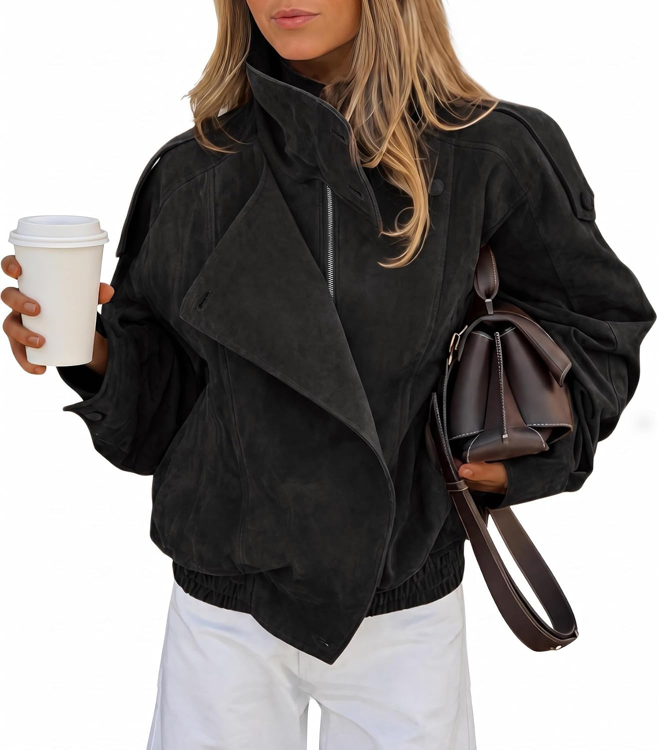 Cicy Bell Womens Oversized Suede Jackets Stand Collar Zipper Fall Coats | Amazon (US)