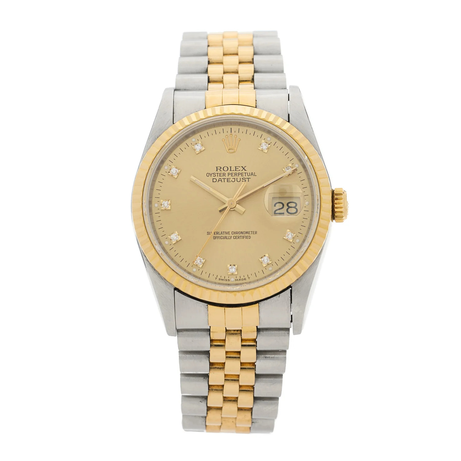 ROLEX Stainless Steel 18K Yellow Gold Diamond 36mm Oyster Perpetual Datejust Watch Champagne 16233 | FASHIONPHILE (US)