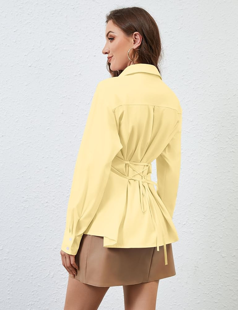 MISSACTIVER Women's Lapel Collar Button Down Shirt Cinch Waist Long Sleeve Casual Work Dressy Tun... | Amazon (US)