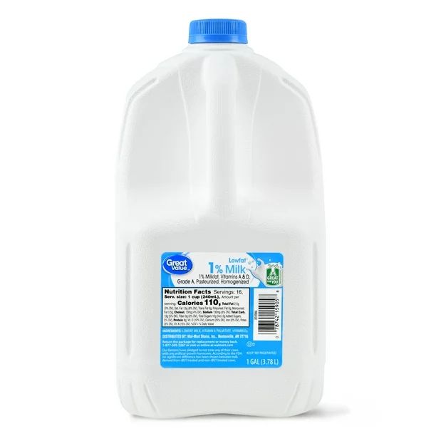 Great Value 1% Low Fat Milk, Gallon, 128 fl oz - Walmart.com | Walmart (US)