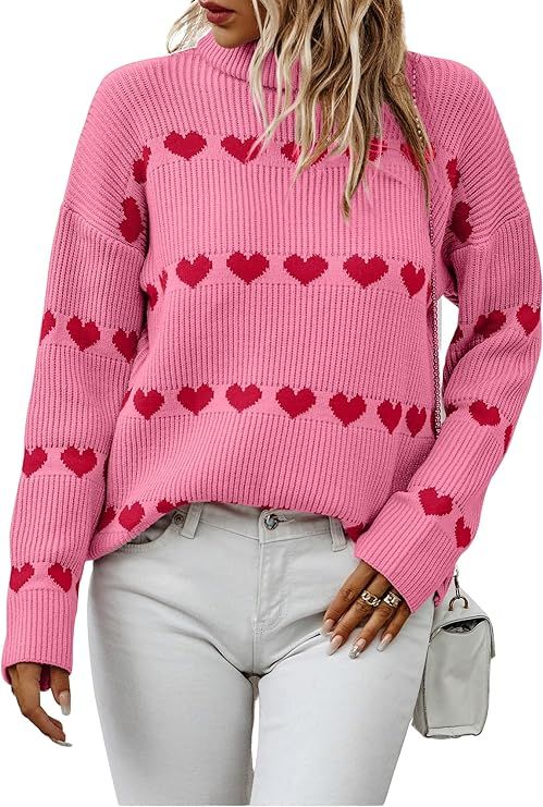 CCTOO Womens Long Sleeve Sweater: Heart Print Oversized Chunky Knitted Pullover Tunic Jumper Top | Amazon (US)