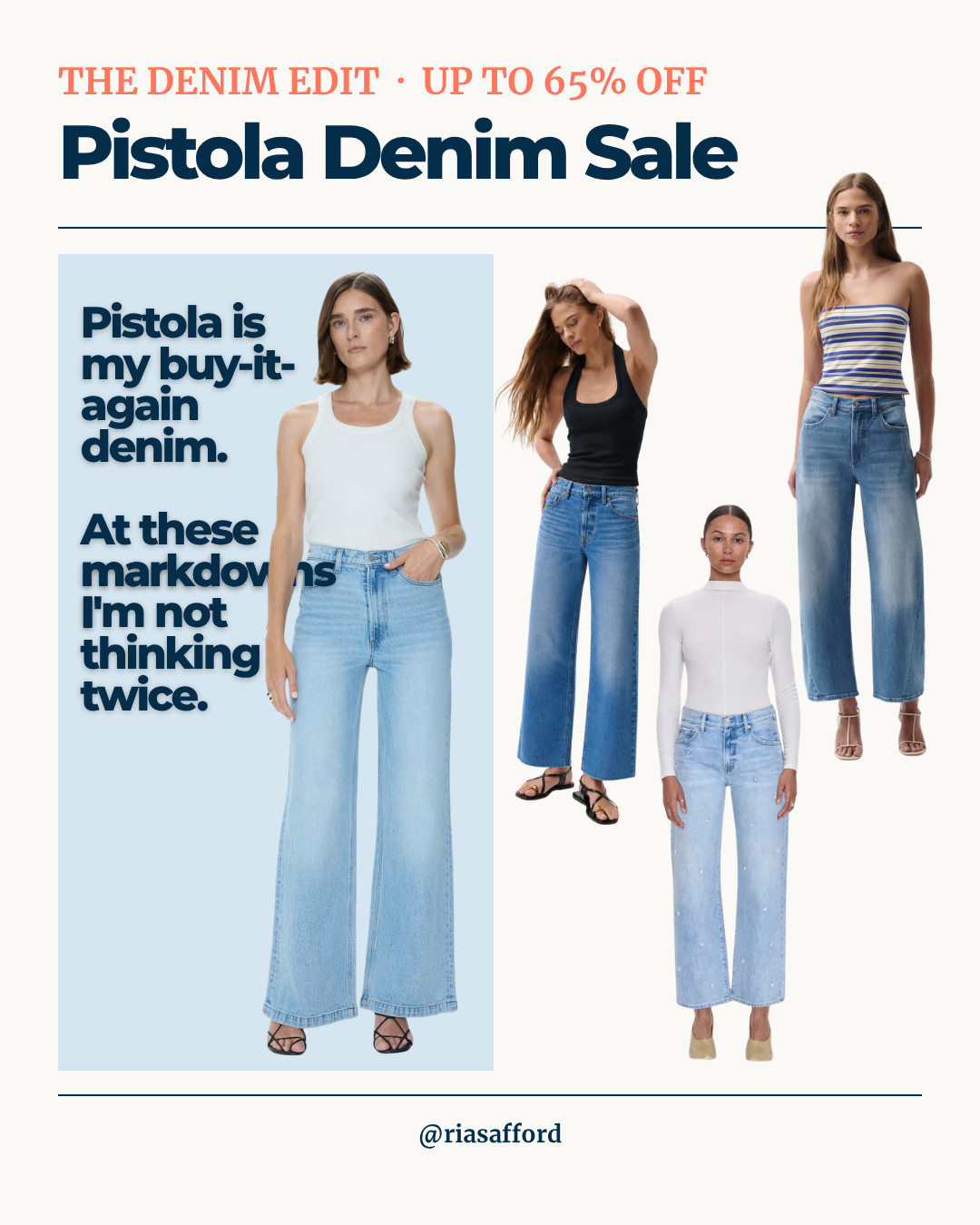The denim edit is on. Pistola's final markdowns just hit, and it's all the cuts I actually wear: high-rise wide legs, straight legs and an easy white pair for fall. Sizes are going fast, so shop your size first.
#pistola #pistoladenim #denimsale #widelegjeans #falldenim #ltksalealert #ltkstyle 

 #LTKSaleAlert