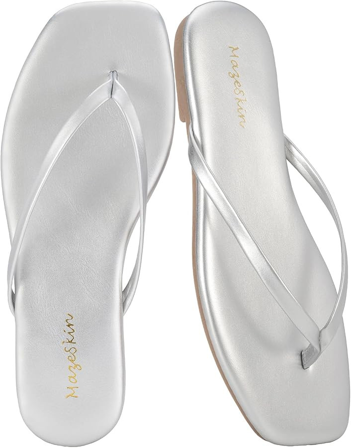mazeskin Womens Flip Flops Vegan Leather Memory Foam Square Toe Flat Sandals Summer Beach Slides | Amazon (US)