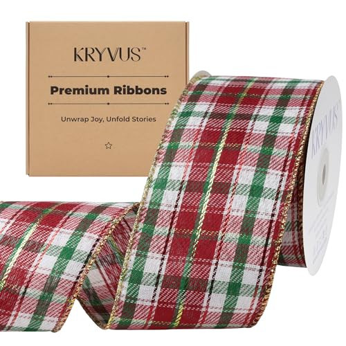 Kryvus Tartan Plaid Christmas Ribbon, 2.5 Inch X 10 Yards Tartan Ribbon with Gold Wired Edge, Perfect for Gift Wrapping, Wreath, Home & Christmas Decorations (Green/Red/White) | Amazon (US)