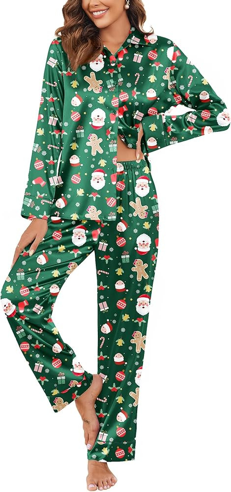 Ekouaer Women Satin Silk Pajamas Classic Long Sleeve Button Down Pjs Set Soft Loungewear | Amazon (US)