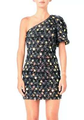 Endless Rose One Shoulder Sequin Mini Dress, Black, Medium | Belk
