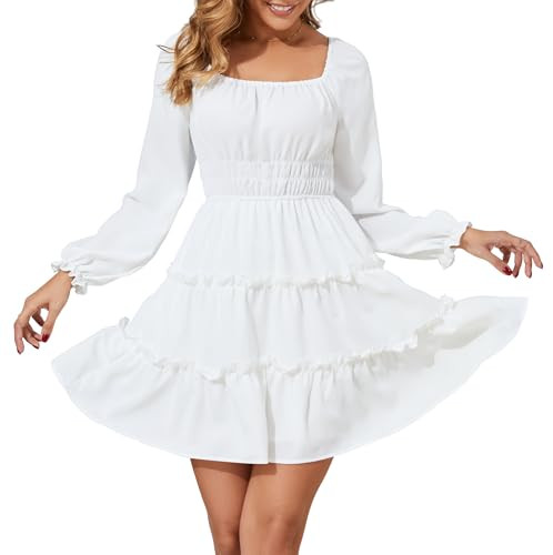 Amoretu Women’s Square Neck Mini Dress Long Sleeve Flowy Wedding Guest Bridal Shower Graduation Dresses (White, L) | Amazon (US)
