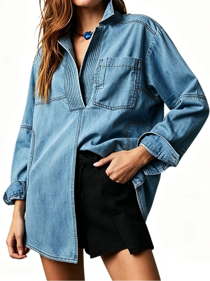 Spring Fall Women Long Sleeved Loose Denim Blouse Oversize V-neck Jeans Jacket with Pocket | Walmart (US)
