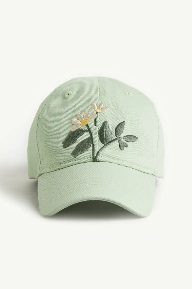 Embroidered-motif Cotton Cap - Light green/flowers - Kids | H&M US | H&M (US + CA)
