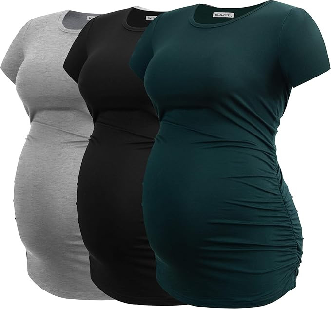 Smallshow Women's Maternity Shirt Side Ruched Tunic Pregnancy Top Clothes 3-Pack | Amazon (US)