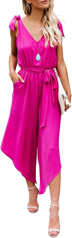 BELONGSCI Women Outfit Sleeveless Shoulder Bandage Waistband Sexy V-Neck Wide Leg Long Jumpsuit w... | Amazon (US)