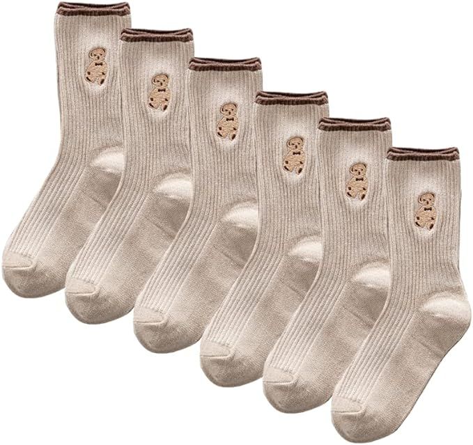CHERSE 6 Pairs Women Cute Socks Fashion Cotton Breathable Socks Japanese Style Cute Bear Embroide... | Amazon (US)