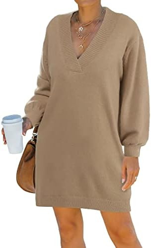 Fesier Long Sleeve Sweater Dress for Women Fall Winter Causal V Neck Knit Mini Loose Fit Pullover... | Amazon (US)