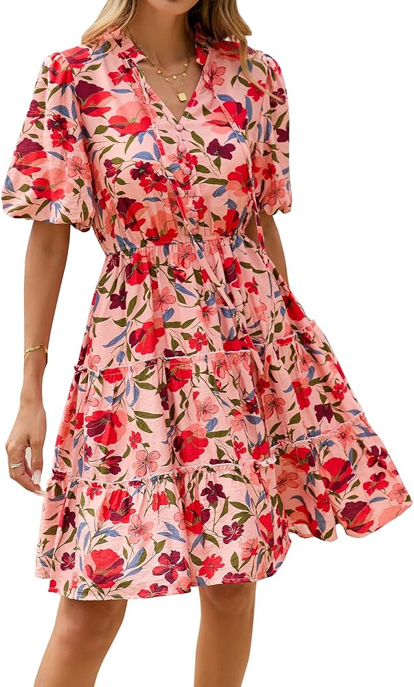 BTFBM Women Summer Floral Short Dresses V Neck Short Sleeve Tiered Ruffle Boho Swing Dress A-Line... | Amazon (US)