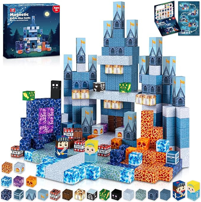 Magnetic Blocks - 100 PCS Build Blue Castle Christmas - Magnetic Toys for Montessori Toddler Chri... | Amazon (US)