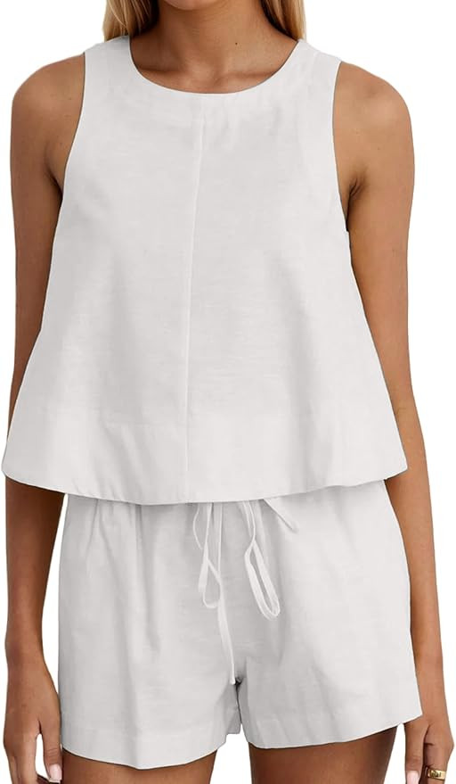 Amazon.com: Ythomm Womens Two Piece Lounge Sets Round Neck Peplum Tops High Waist Linen Shorts Su... | Amazon (US)