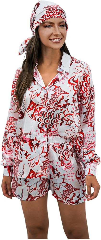 Womens Summer Outfits with Headscarf 3 Piece Matching Sets Fashion Print Long Sleeve Button Down ... | Amazon (US)