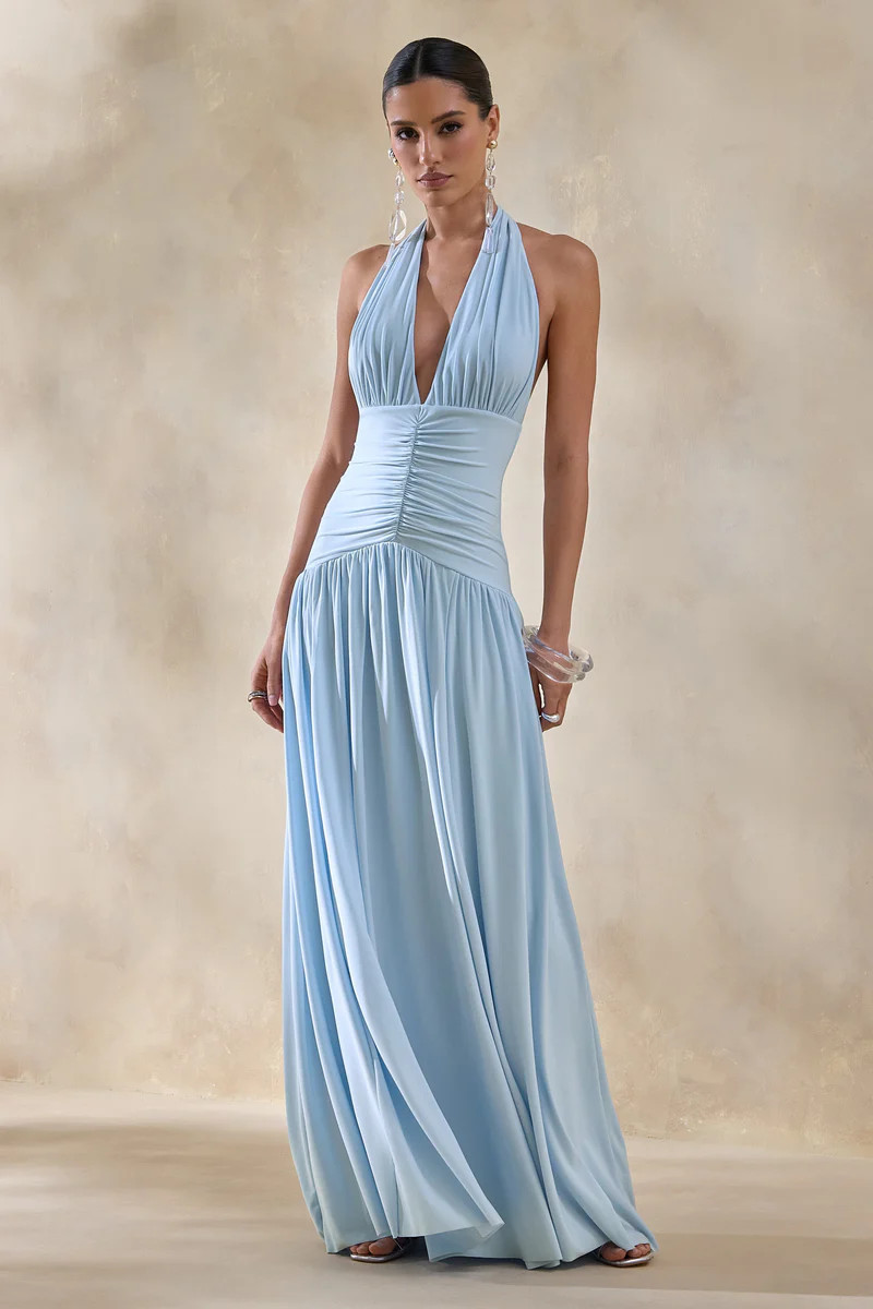 Bettina  Powder-Blue Plunge-Neck Maxi Dress With Gathered-Detailing | Club L London