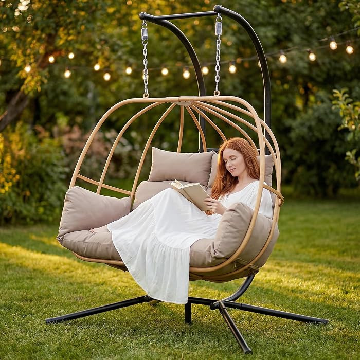 Double Egg Chair Outdoor, Egg Swing Chair with Stand, Hanging Swing Chair Outdoor with Cushions/H... | Amazon (US)