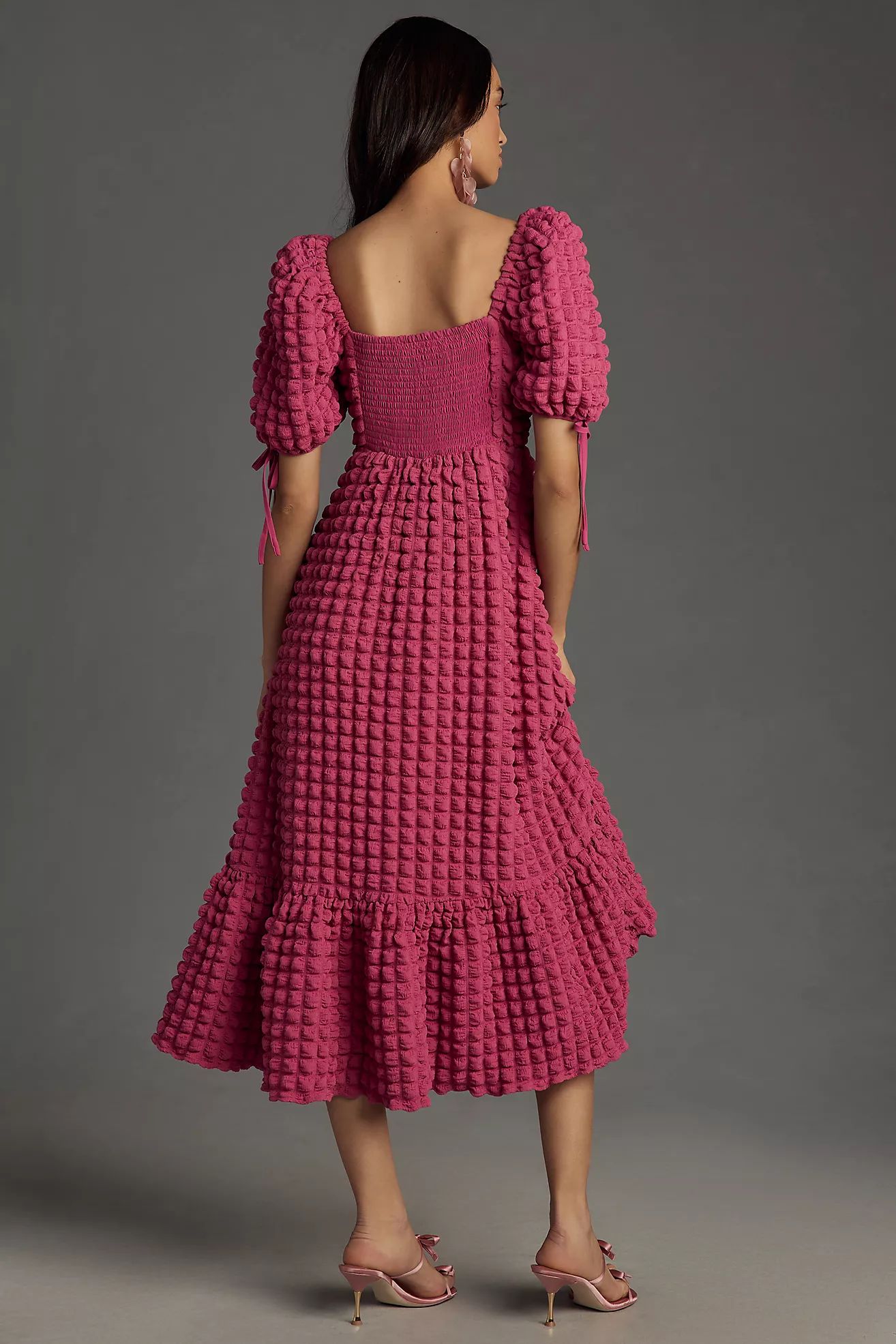 Endless Rose Puff-Sleeve Sweetheart Textured Midi Dress | Anthropologie (US)