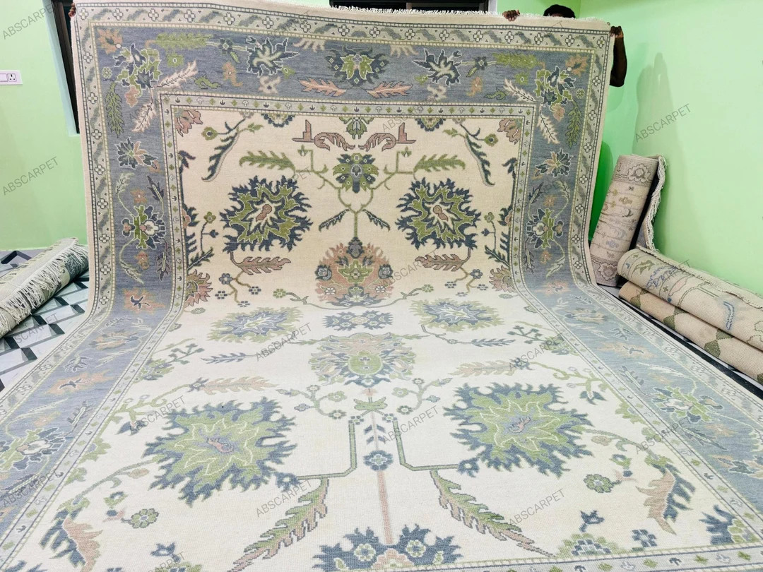 Oushak Rug Hand Knotted Wool 8x10/9x12/10x14 Sage Green and White Rug Custom Living Room Decor. -... | Etsy (US)