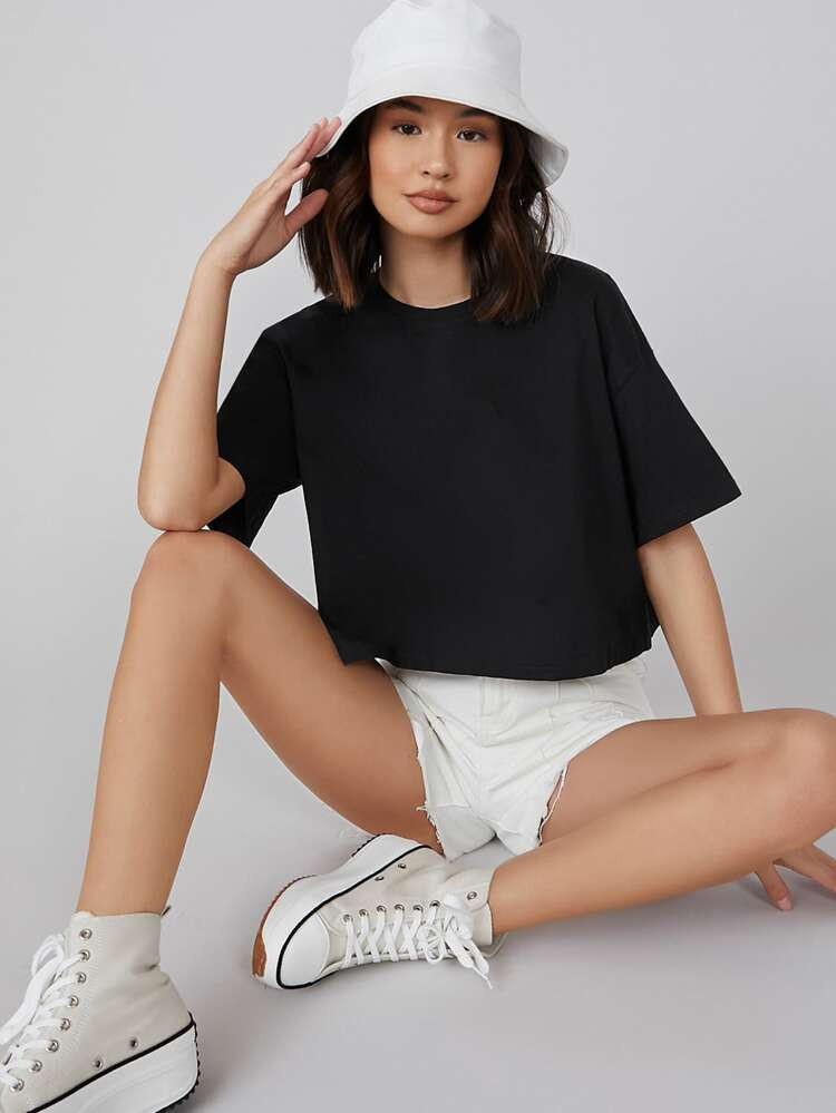 SHEIN BASICS Drop Shoulder Solid Crop Tee | SHEIN