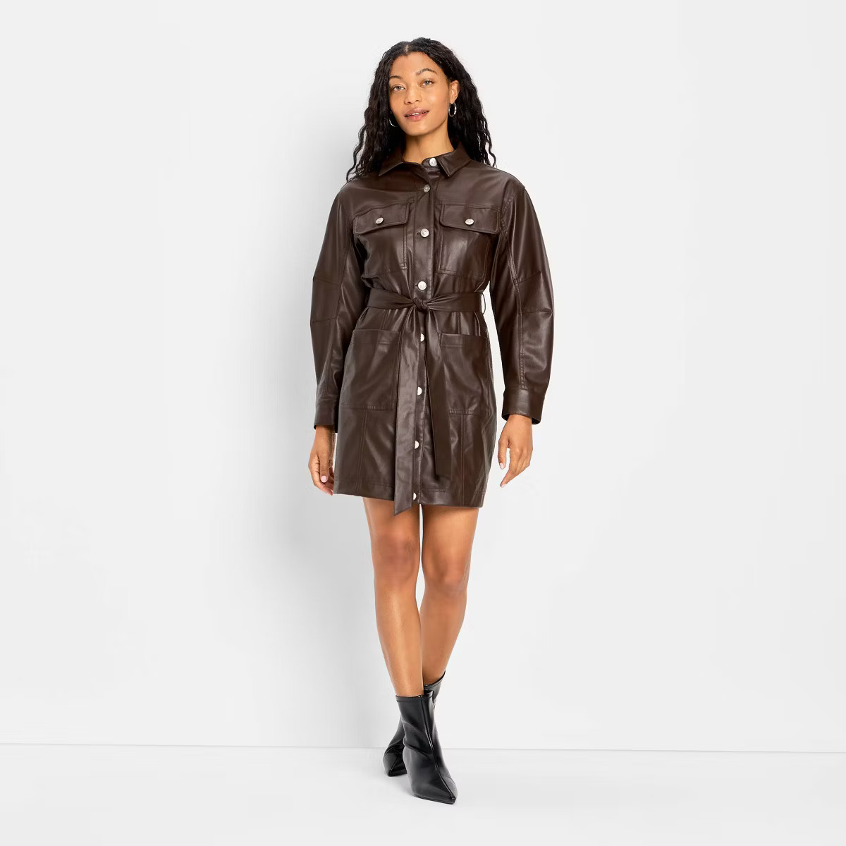 Women's Long Sleeve Faux Leather Mini Shirtdress - Future Collective Brown | Target