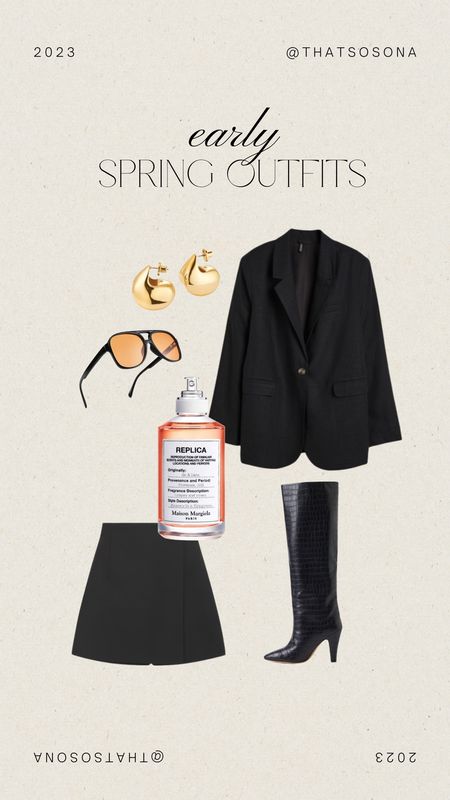Early Spring Outfits, Oversized Black Blazer, Asymmetrical Short, Replica On A Date, Knee High Black Boots, Chunky Gold Earrings, Retro Sunglasses 

#LTKfit #LTKstyletip #LTKunder100