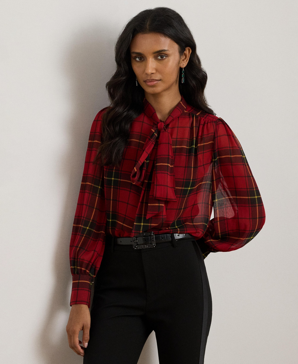 Lauren Ralph Lauren Women's Plaid Tie-Neck Blouse - Black/red | Macy's