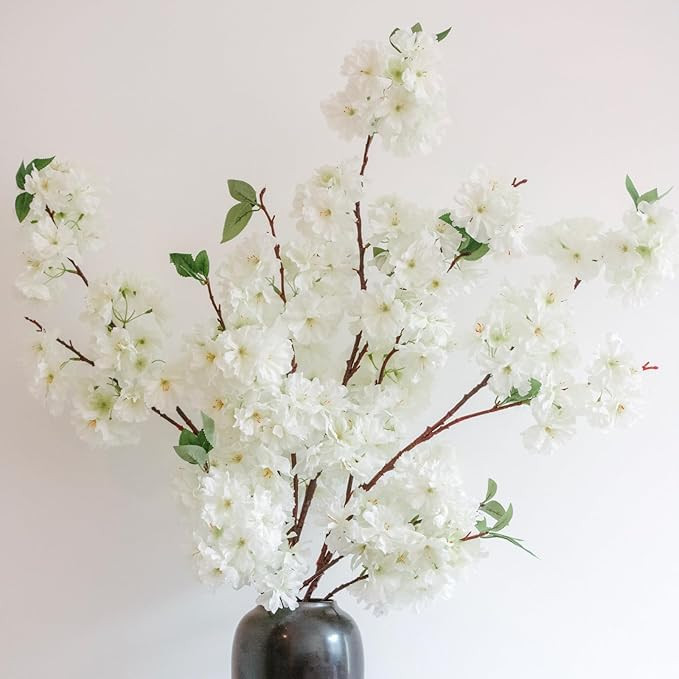 KBREE 47.2 Inches Cherry Blossom Branches, 3 Pieces Artificial White Flower Branches, Extra Long ... | Amazon (US)
