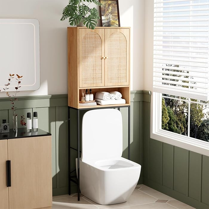 VINGLI Over The Toilet Storage Cabinet, Rattan Bathroom Organizer Behind Toilet,Above Metal Stand... | Amazon (US)