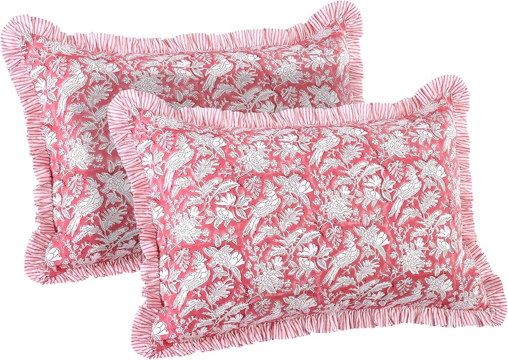 CPC Ruby Red 100% Cotton Block Print Ruffle Sham Cover 20X30 inch Pack of 2, Handmade Boho Floral... | Amazon (US)