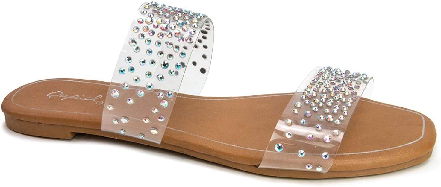 Qupid Hazy Slides for Women - Clear Double Band Rhinestone Sandals | Amazon (US)